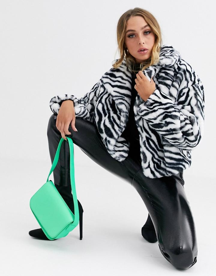 Jayley Zebra Print Cropped Faux Fur Jacket