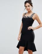 Little Mistress Peplum Hem Dress With Embellishment - Black