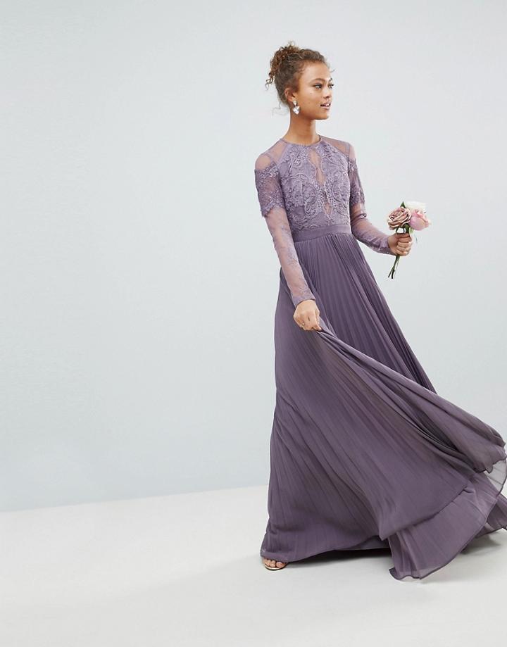 Asos Bridesmaid Long Sleeve Lace Pleated Maxi Dress - Purple