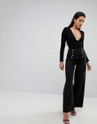 Flounce London Wide Leg Tailored Pants With Gold Button Detail - Black