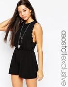 Asos Tall Drop Armhole Jersey Romper With Pom Poms - Black