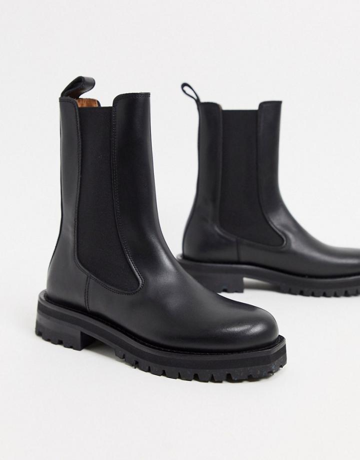 & Other Stories Leather Tall Chunky Flat Boots In Black