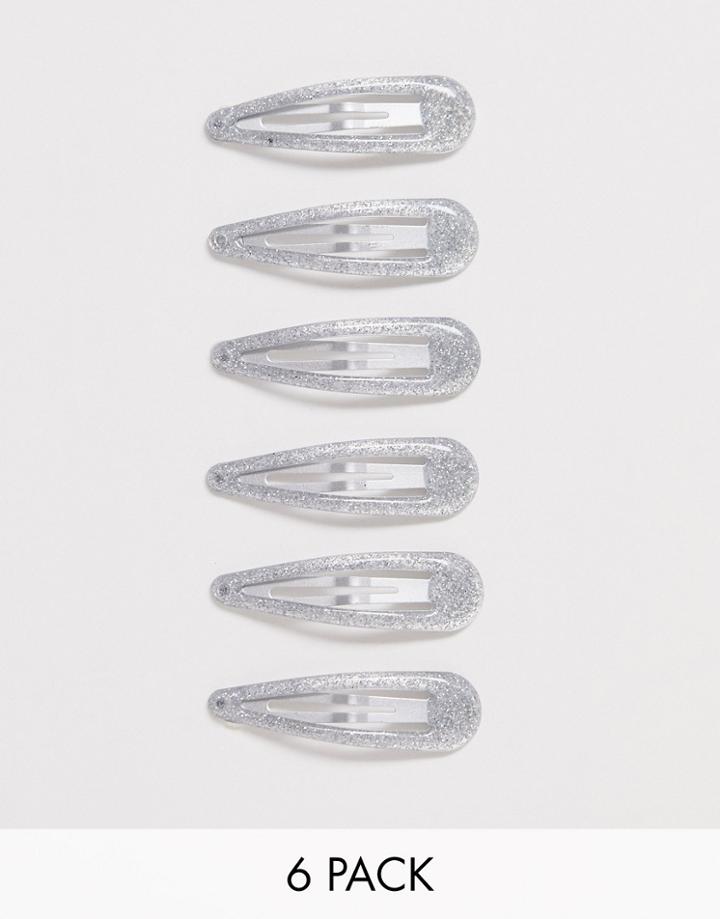 Asos Design Pack Of 6 Snap Hair Clips In Silver Glitter - Silver