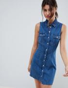 Asos Design Denim Sleeveless Shirt Dress In Midwash Blue - Blue