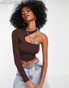 Bershka Ribbed Cut Out Asymmetric Top In Chocolate-brown
