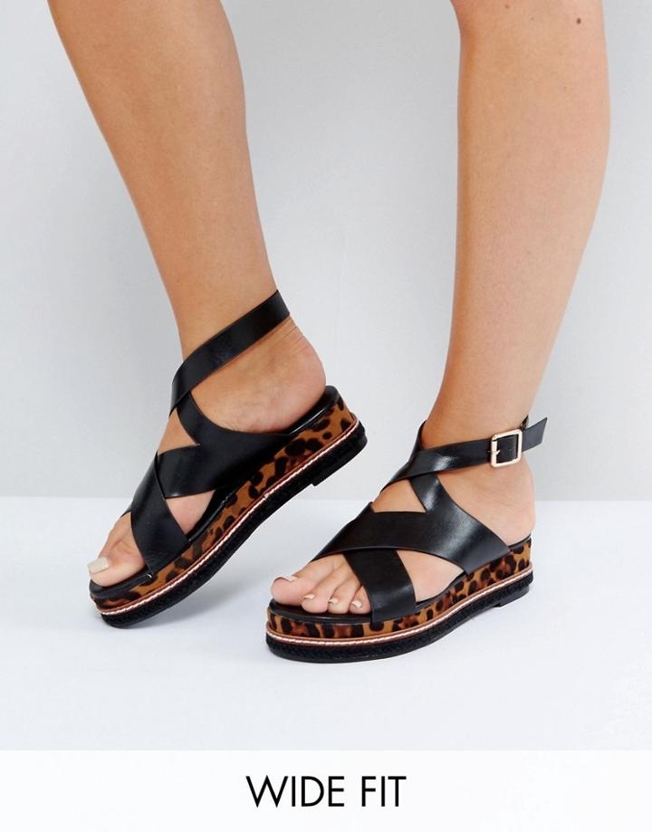 Lost Ink Wide Fit Black Leopard Flatform Sandals - Black