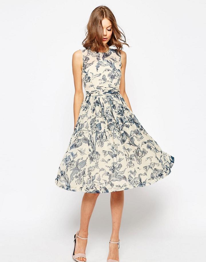 Asos Wedding Midi Dress With Rouche Panel Detail In Print - Multi