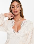 Asos Design Ruched Button Through Body-conscious Mini Dress With Lace Trim In Cream-white