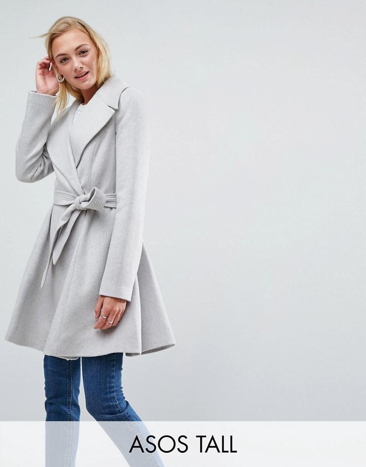 Asos Tall Skater Coat With Self Belt And Oversized Collar - Gray