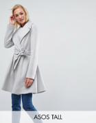 Asos Tall Skater Coat With Self Belt And Oversized Collar - Gray