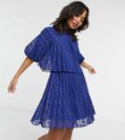 Asos Design Petite High Neck Pleated Double Layer Mini Dress In Chevron Texture In Navy