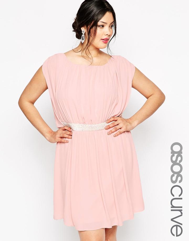 Asos Curve Mini Dress With Embellished Waist - Nude