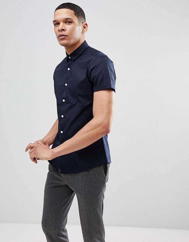 Asos Slim Short Sleeve Shirt In Navy - Navy