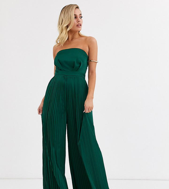 Tfnc Satin Bandeau Pleated Wide Leg Jumpsuit In Emerald Green