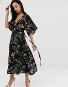 Liquorish Floral Midi Dress With Waterfall Sleeves - Multi