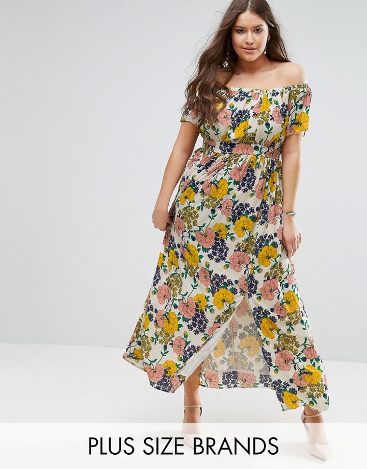 Koko Plus Bardot Maxi Dress In Floral Print - Cream
