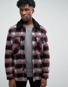 Asos Checked Peacoat With Fleece Collar In Red - Red