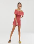 Asos Design Off Shoulder Ruffle Romper With Shirring-pink
