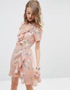 Asos Wrap Front Tea Dress With Frill In Pretty Floral Print - Pink Print