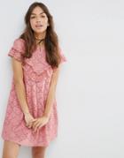 Asos Lace Swing Dress With Ruffle Yoke - Pink