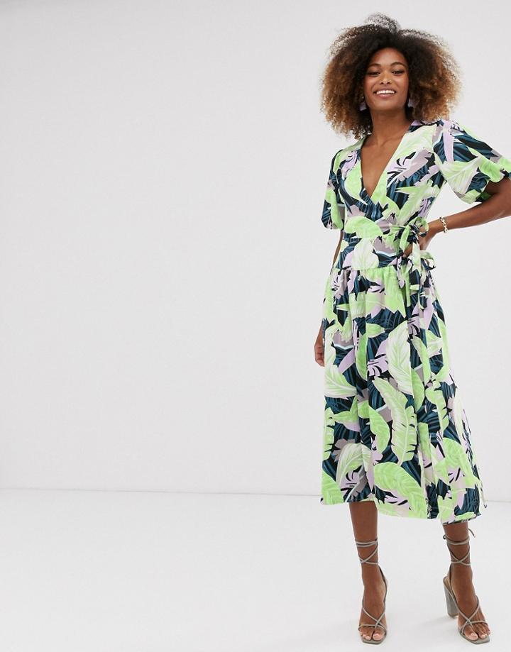 Asos Design Wrap Skater Midi Dress In Palm Print-multi