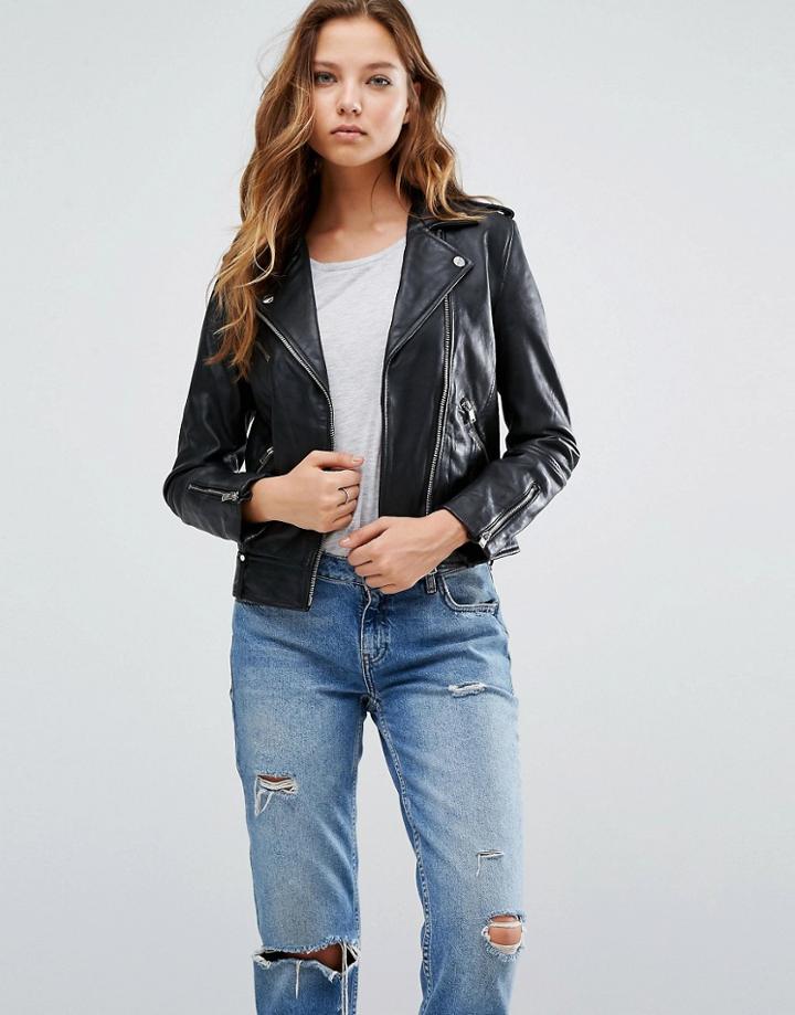 Mango Black Real Leather Biker Jacket - Black