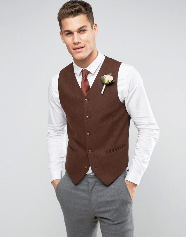 Asos Wedding Skinny Vest In Brown Wool Mix - Brown