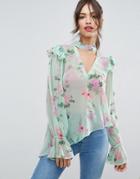 Asos Floaty Blouse In Mint Floral With Neck Band - Multi