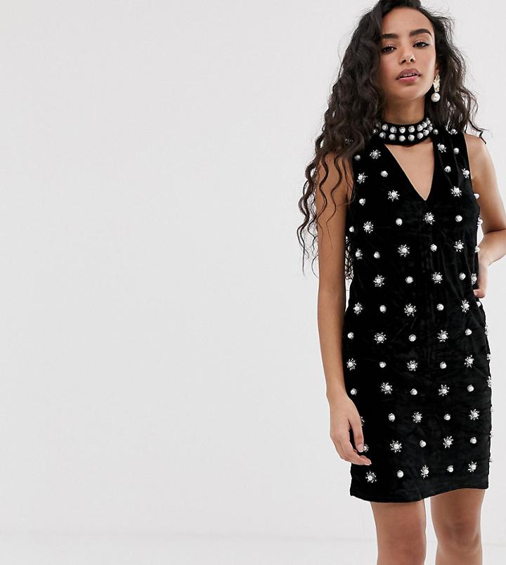 River Island Petite Pearl Embellished Velvet Dress - Black