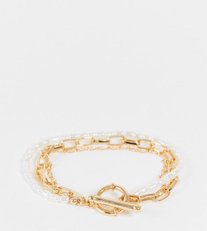 Asos Design Curve Multirow Bracelet With Faux Pearl And Mixed Chain In Gold Tone