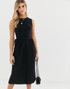 Asos Design Textured Midi Dress With Pleated Skirt-black
