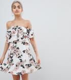 Parisian Petite Off Shoulder Ruffle Mini Dress In Floral Print - White