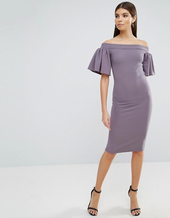 Oh My Love Midi Bardot Dress With Frill Sleeve - Gray