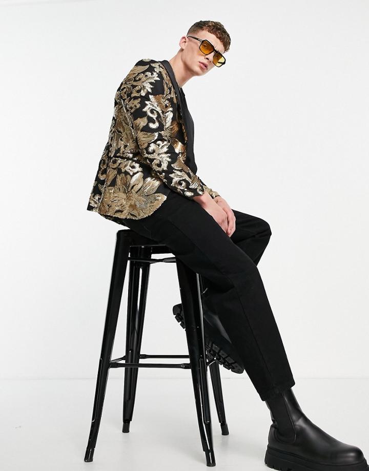 Twisted Tailor Blazer In Black With Gold Sequin Floral Design