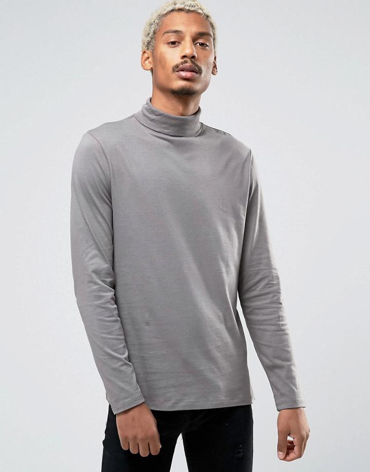 Asos Long Sleeve T-shirt With Roll Neck - Gray