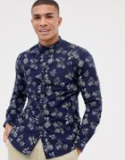 Celio Long Sleeve Smart Slim Fit Shirt With Rose Print In Navy - Navy