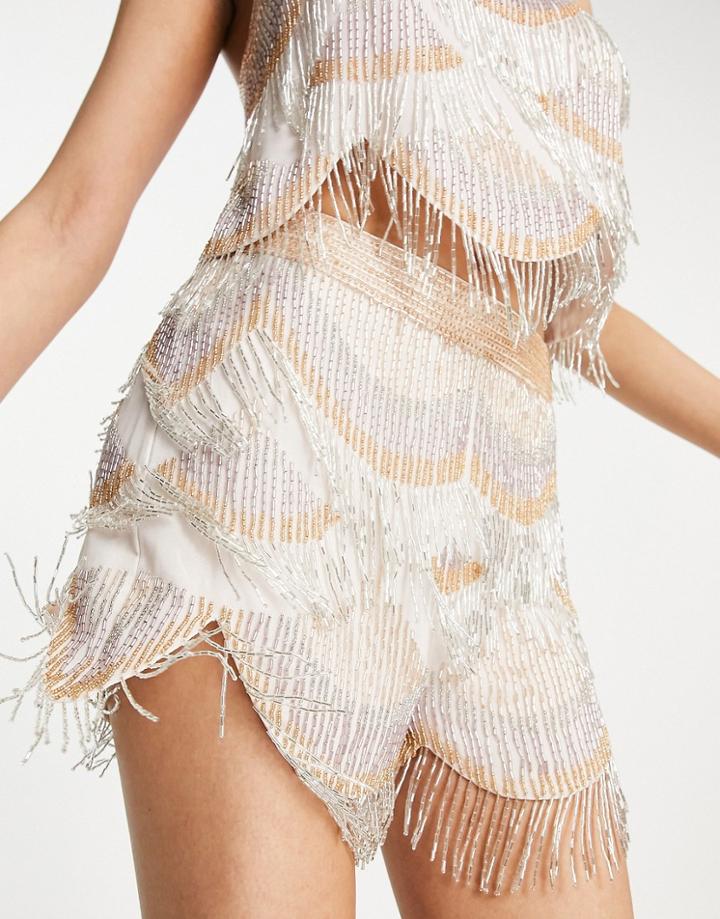Miss Selfridge Embellished Fringe Detail Shorts In Gold