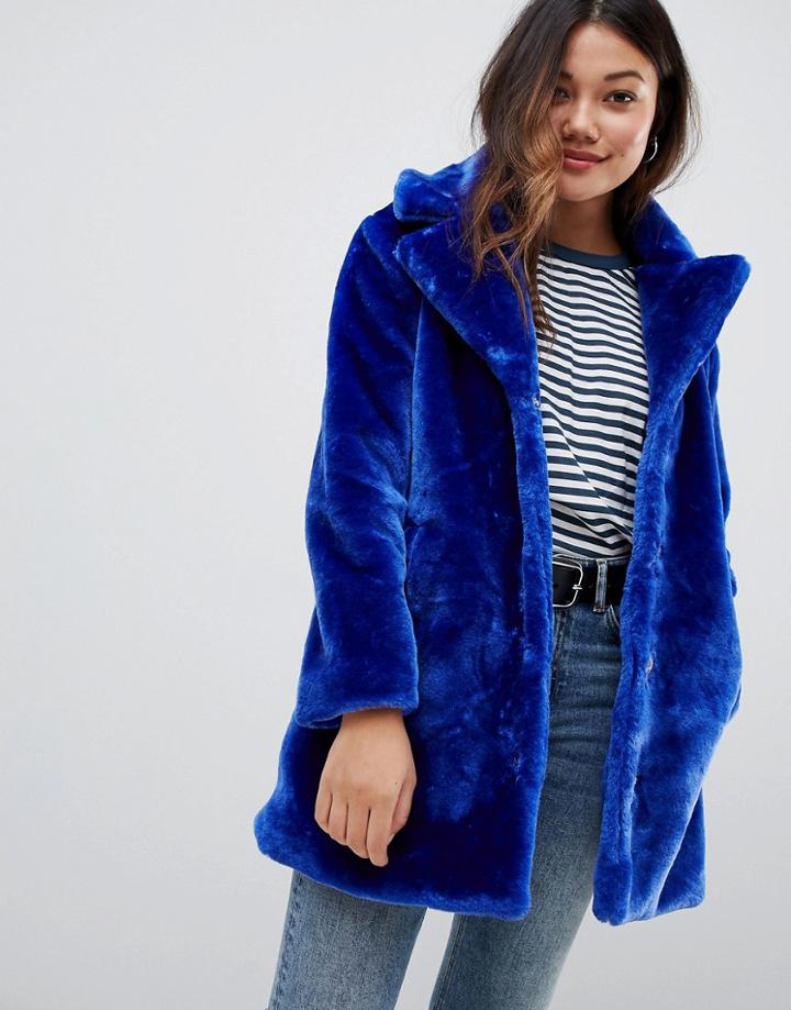 Brave Soul Tasmin Faux Fur Tailored Coat - Blue