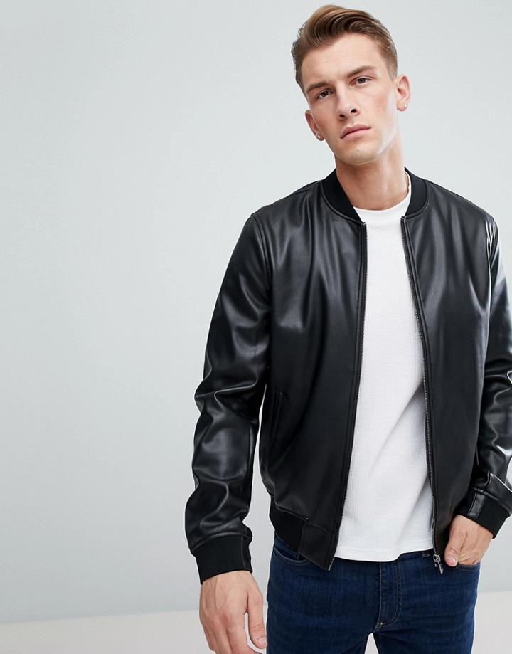 Celio Leather Look Bomber Jacket - Black