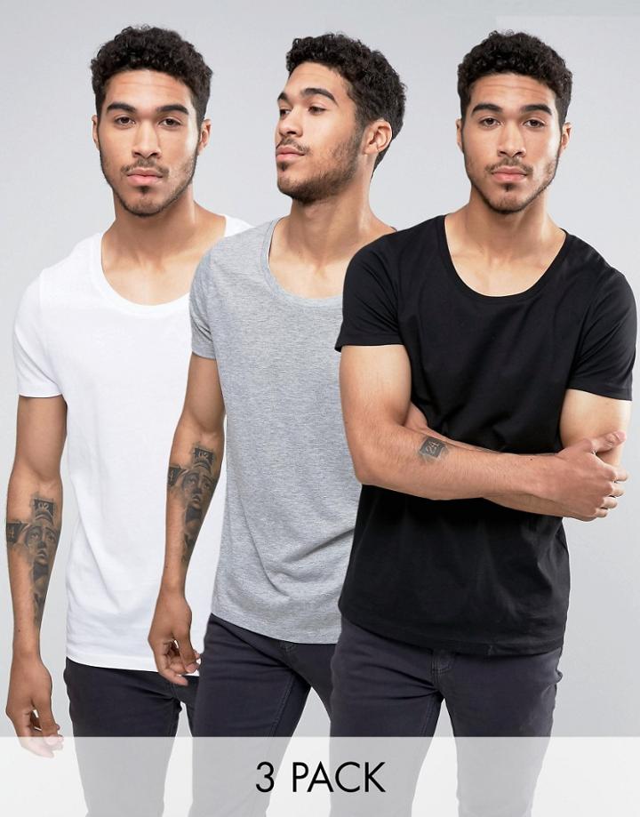 Asos 3 Pack T-shirt With Scoop Neck In White/black/grey - Multi