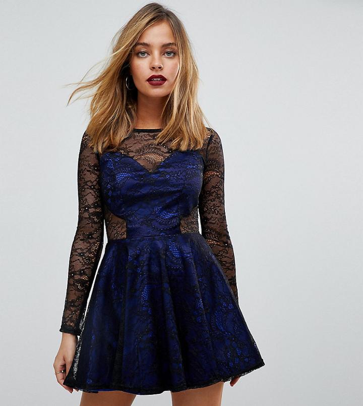 John Zack Petite Contrast Lace Mini Prom Skater Dress-navy