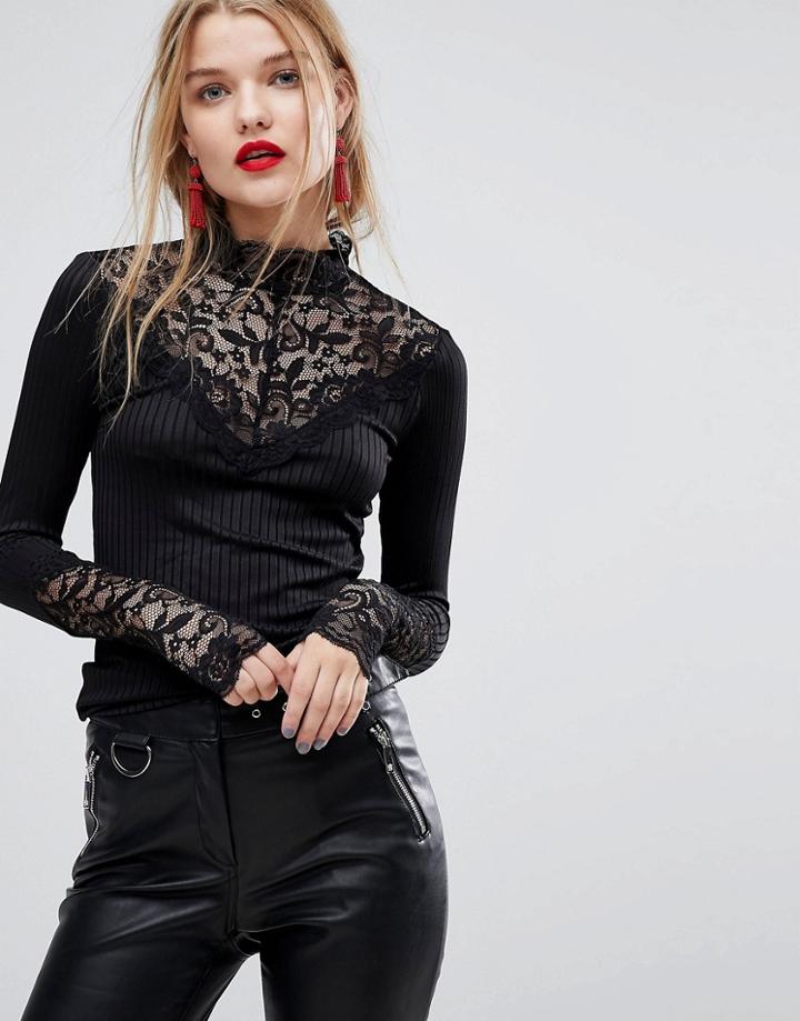 Y.a.s Lace High Neck Top - Black