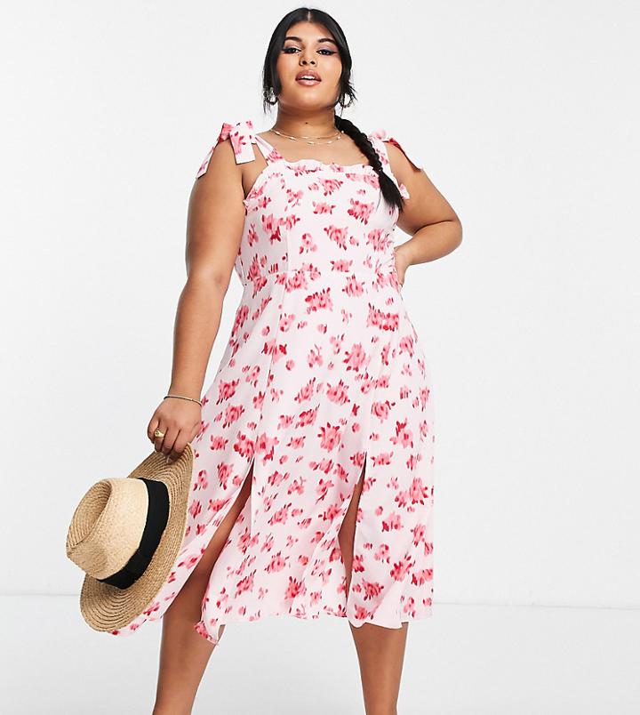 The Frolic Plus Smudge Floral Shirred Detail Midi Dress In Pink