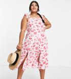 The Frolic Plus Smudge Floral Shirred Detail Midi Dress In Pink