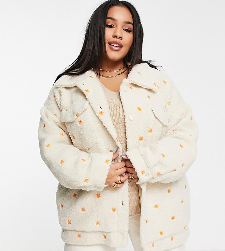 Daisy Street Plus Relaxed Jacket In Flower Teddy-white