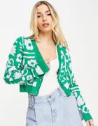 Monki Knit Cardigan In Oversized Flower Print In Green-blue