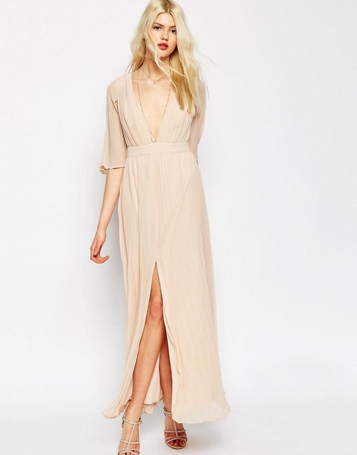 Asos Pleated Flutter Sleeve Maxi Dress - Pink