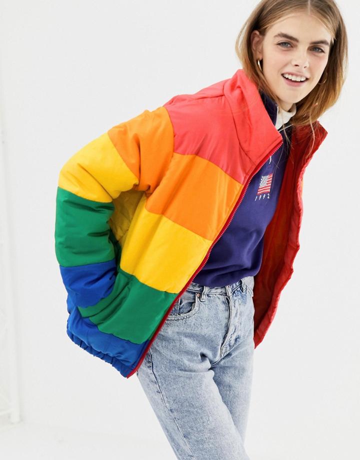 Daisy Street Padded Jacket In Rainbow Stripe - Multi