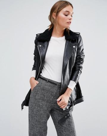 Y.a.s Lia Longline Leather Jacket With Black Faux Fur Collar - Black