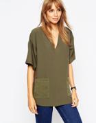 Asos Plunge Neck Kimono Sleeve Top - Khaki